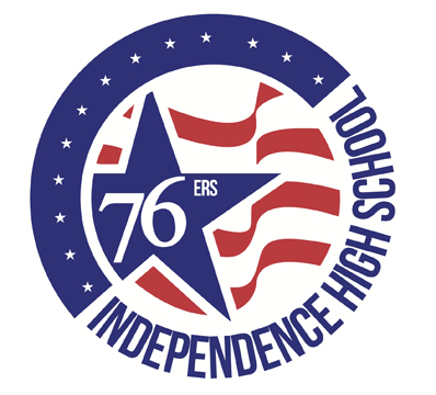 Logo with stars and stripes. Text reads "76ers independence high school"